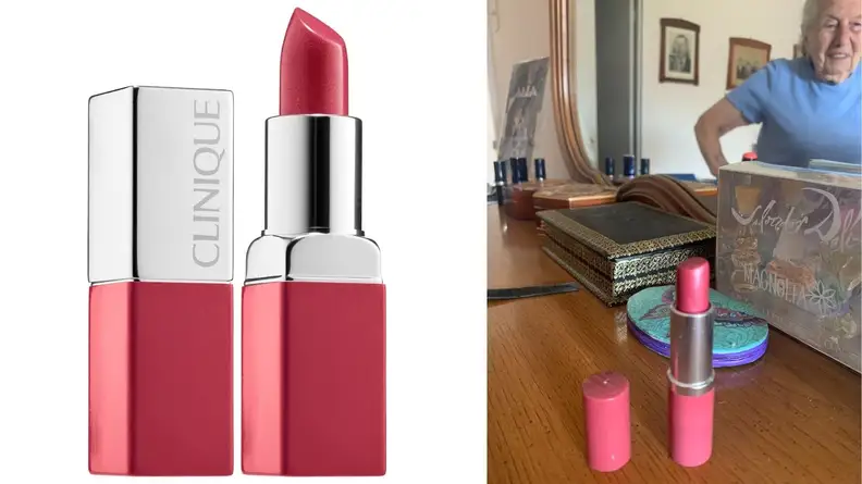 On the left: A tube of pink Clinique lipstick. On the right: A used pink tube of lipstick sits on a table.