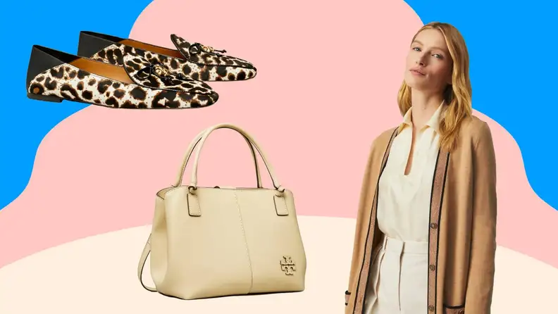 Shoes, bag, woman on blue and pink background
