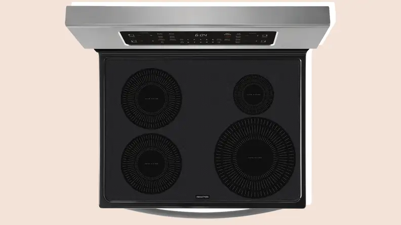 Overhead view of a stove on a convection range.