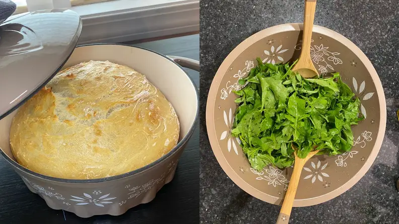 On left, Dutch oven lid being removed to reveal a loaf of white bread. On right, a salad bowl filled with arugula, shot from above.