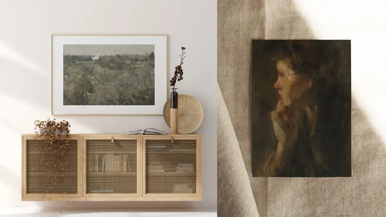 North and Finch print above a sideboard, next to giclee print of vintage portrait