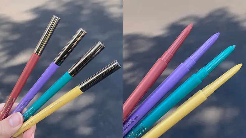 Two images of four multicolored eyeliner pencils.