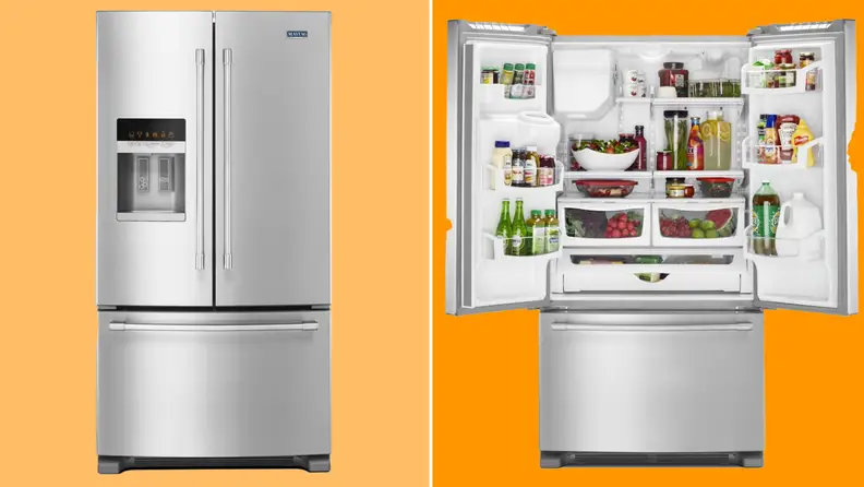 Product shot of the Maytag MFI2570FEZ French-door fridge with doors open featuring shelves of food and with doors shut.