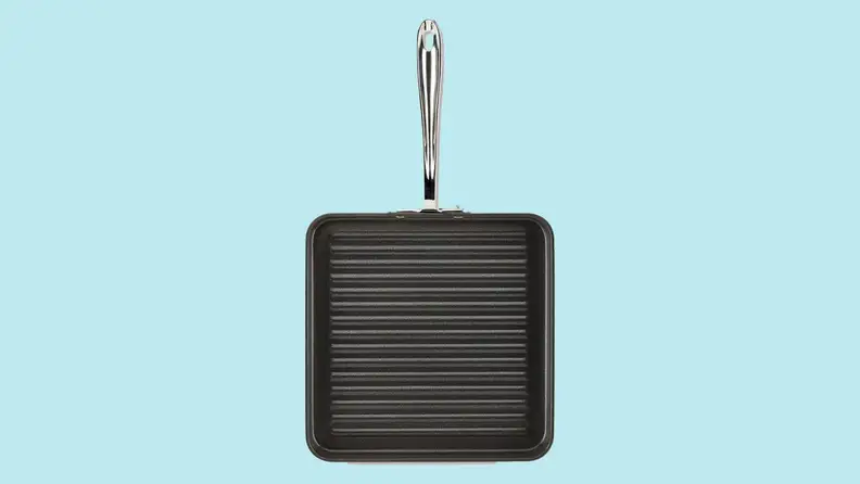 An All-Clad square grill against a blue background.