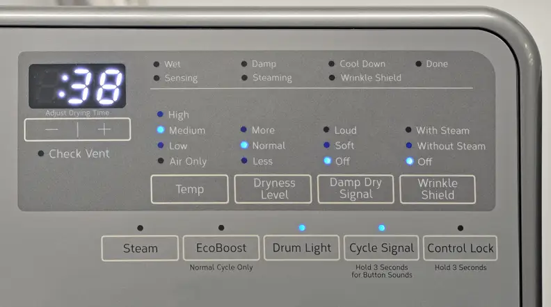 The Whirlpool 90HE series dryer's feature list and customization options are definitely slimmer than on many other comparable dryers, but you still get some useful options to choose from.