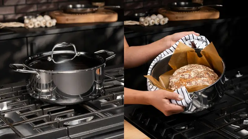 Left, a stainless steel HexClad Dutch on a gas range. Right, a person holds a HexClad Dutch oven containing freshly baked bread.