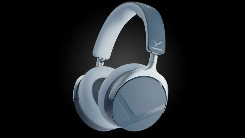 Beyerdynamic Aventho Y wireless headphones in Blue Fusion colorway against a black background.