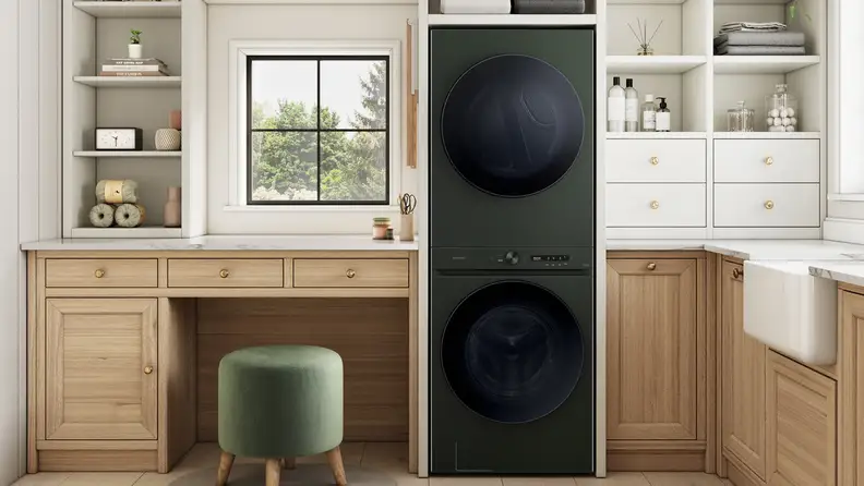 Stacked washer and dryer in a stylish laundry room