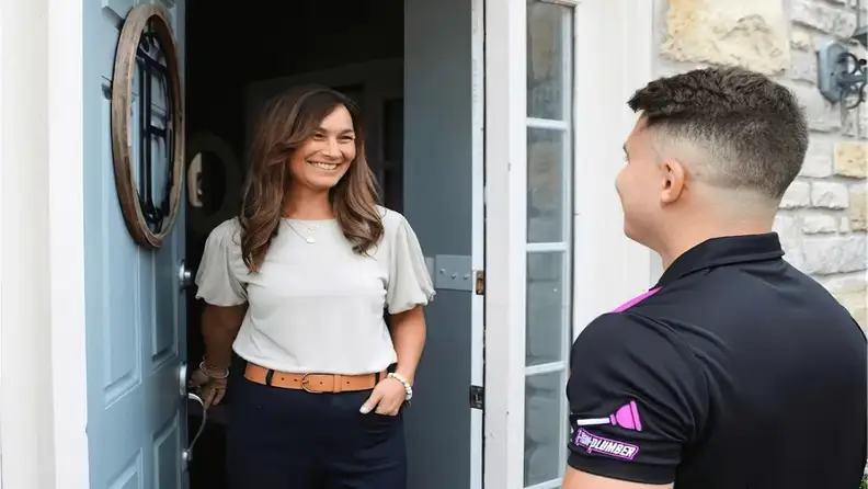 Technician smiling at a customer standing in an open doorway