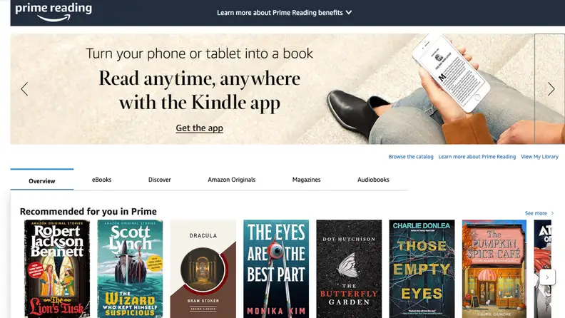 Prime Reading homepage with recommended ebooks and tabs for magazines and audiobooks.