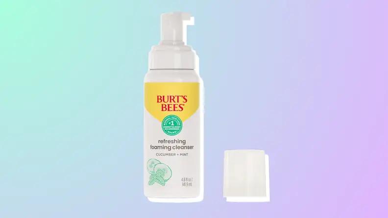 Burt's Bees Refreshing Foaming Cleanser face wash against a green, blue, and purple background.