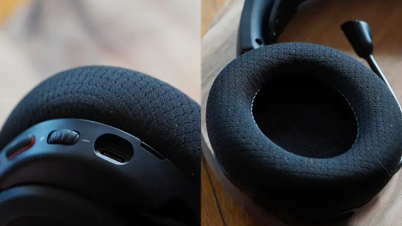 Two shots of the detailing around the headset's earpads.