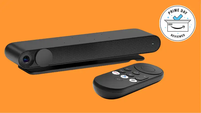 Meta TV Portal and remote against an orange background