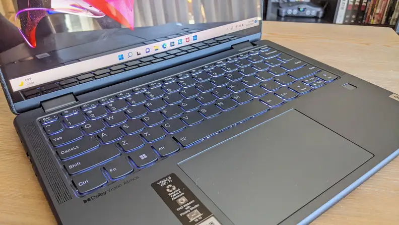 An angled view of the Lenovo Yoga 6's keyboard.