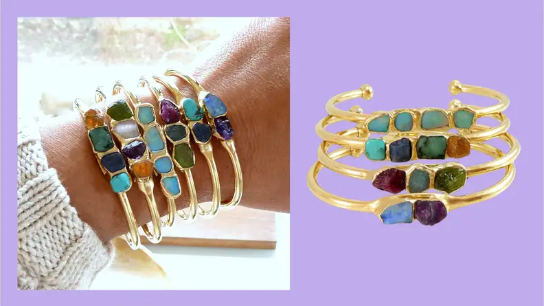 Four of the Inbalmishan raw gemstone bracelets shown each featuring different gemstones and an back.