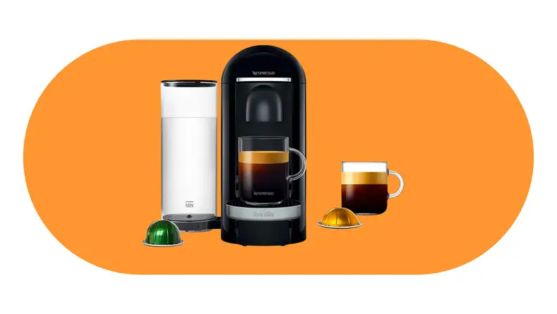 Nepresso VertuoPlus machine on orange background