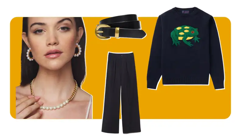 Earrings, belt and pants, frog sweatshirt.