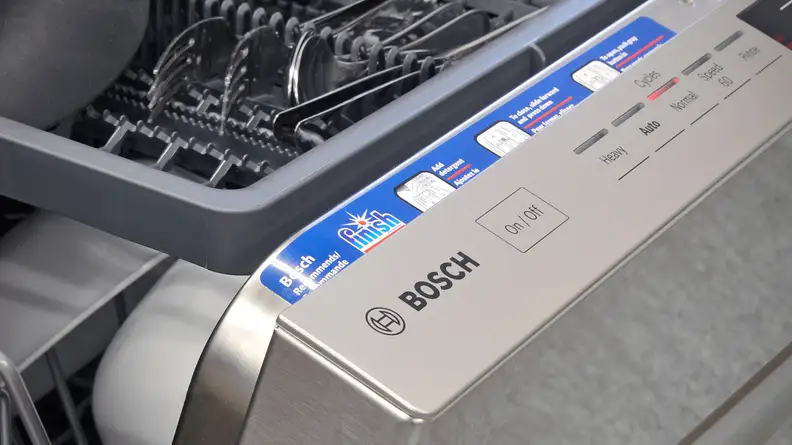 A close-up of the control panel on the Bosch SHXM63WS5N 300 Series dishwasher.