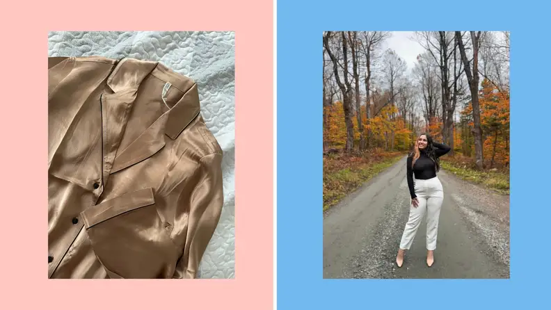A brown silk pajama top lying on a duvet, and a photograph of a woman wearing a black turtleneck bodysuit with white pants.