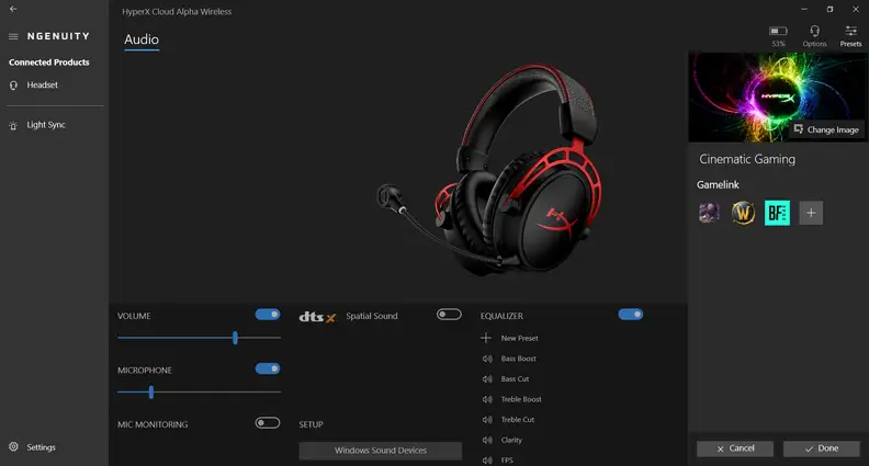 A screenshot of gaming headset software