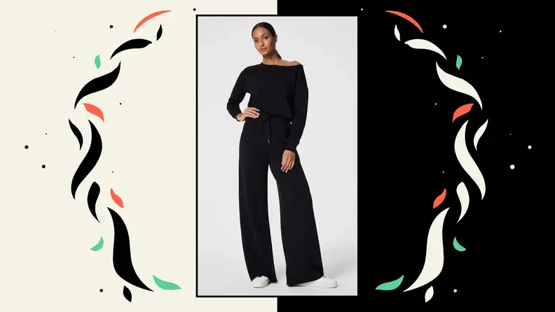 A knit jumpsuit with a wide neckline.