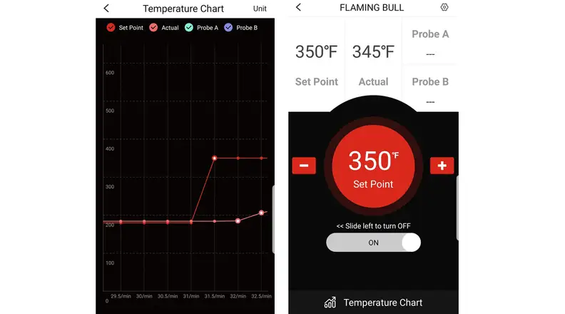 Two screenshots of Rec Tec app's temperature settings