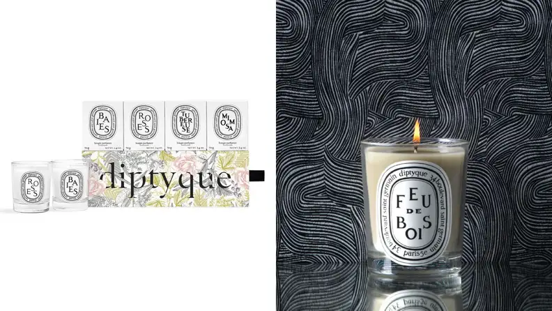 On left, a box of four Diptypque candles. On right, a singular candle burning.
