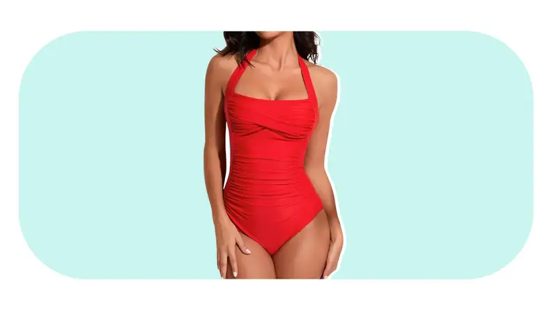 A red bathing suit with a retro silhouette.