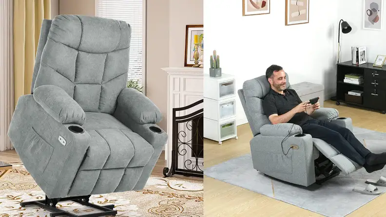 The Yitahome recliner in a side-by-side image. Shows the chair by itself and another image with a man reclining in the seat