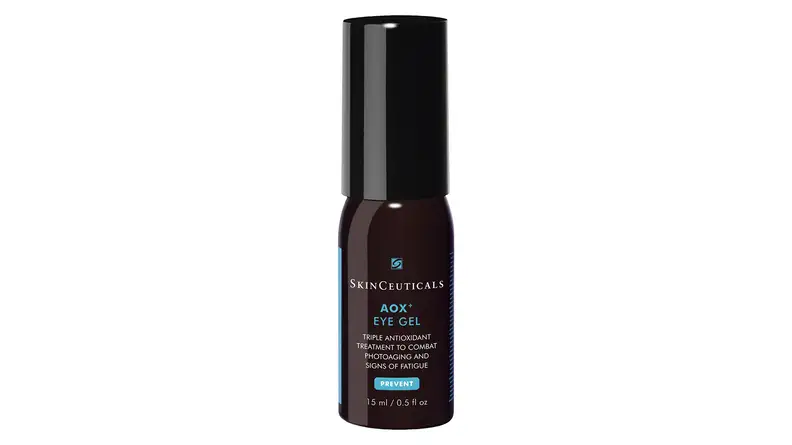 A small, dark brown bottle of eye gel on a white background.