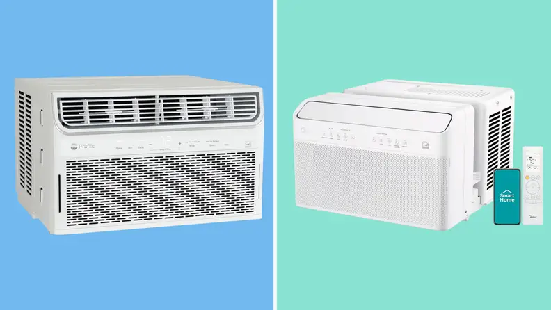 A GE Profile air conditioner on a blue background next to a Midea Smart Inverter Air Conditioner on a green background.