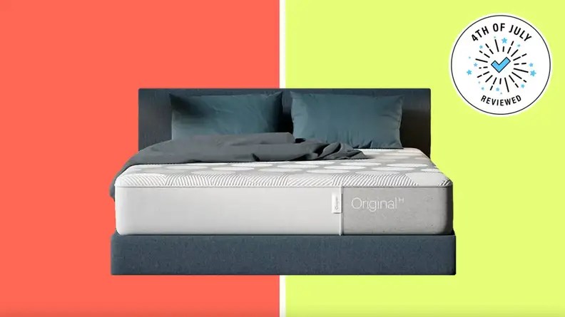 Casper mattress in blue bed frame.
