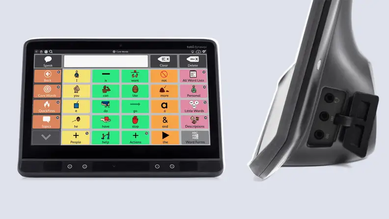 An up-close view of front and side angles of a tablet AAC device
