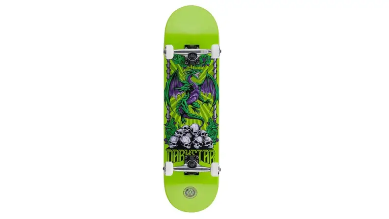 A green skateboard by Darkstar.