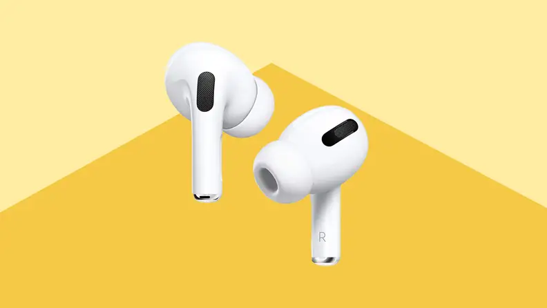 A pair of AirPods against a light yellow and gold background.