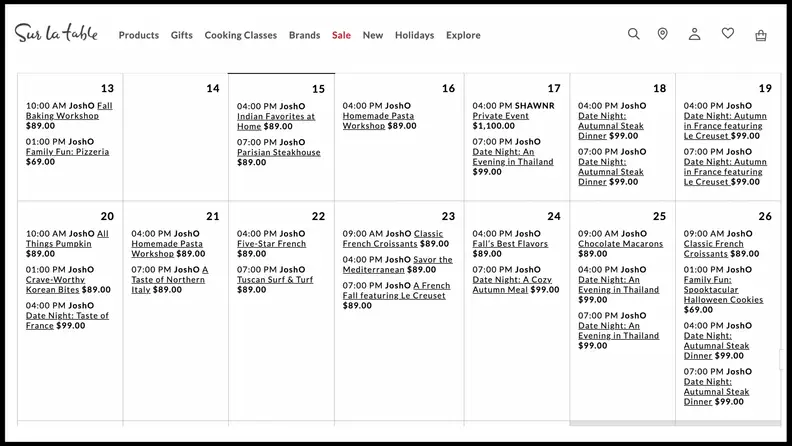 Calendar view of Sur La Table in-store classes.