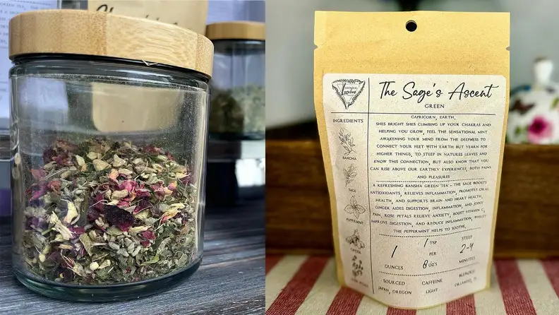 A jar full of tea leaves next to a brown bag of tea