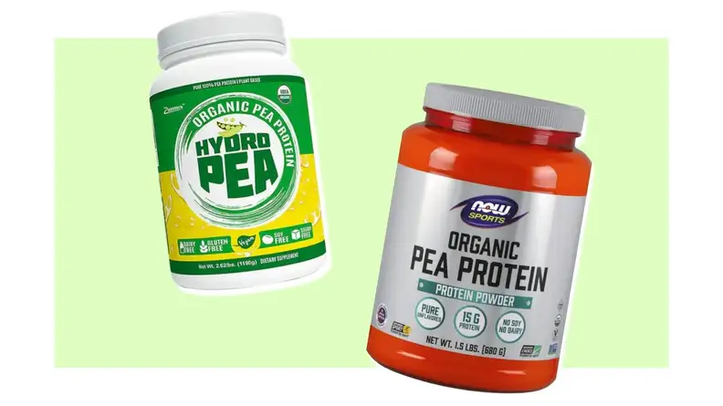 Two jugs of protein powder from HydroPea and Now Nutrition.