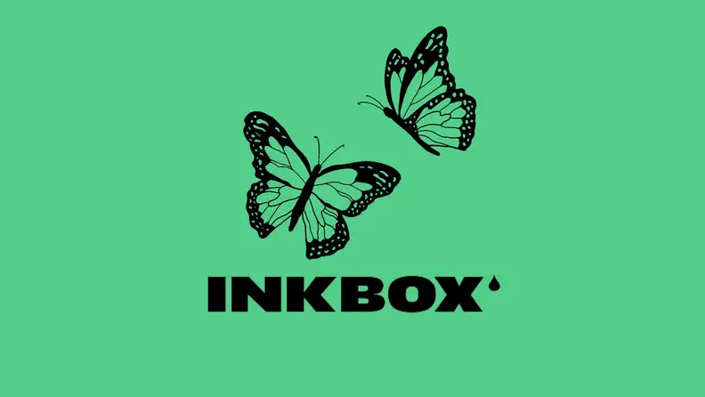 Two black butterfly temporary tattoos and a Inkbox logo on a green background