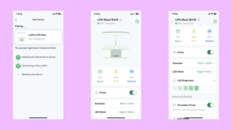 The image shows three views of the LetPot app.