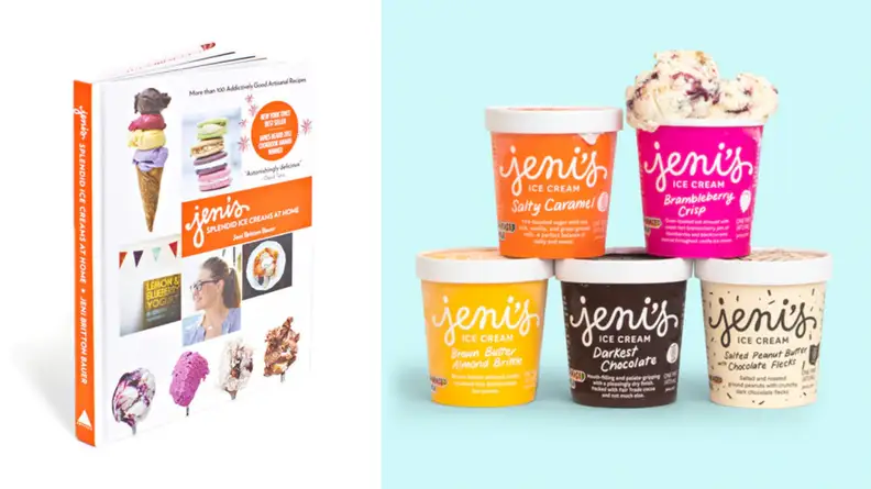 An image of the Jeni's Splendid Ice Cream cookbook alongside stacked pints of Jeni's ice cream flavors.