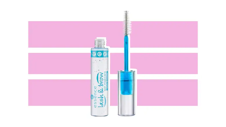 Essence Lash and Brow Gel Mascara against a pink and white background.