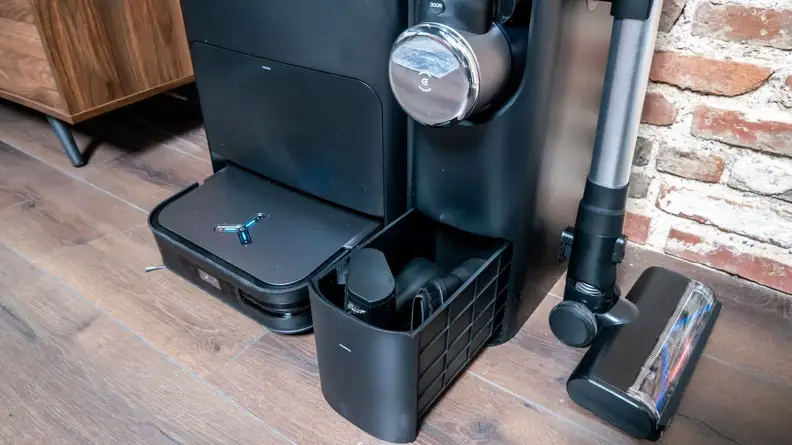 The attachment drawer of the Ecovacs Deebot X2 Combo.