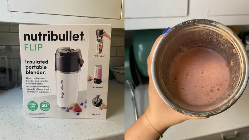 Photo collage of the a NutriBullet Flip box on a countertop and a person displaying a smoothie blend made with the NutriBullet Flip.