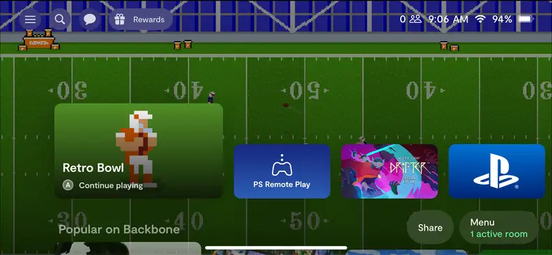 A screenshot of Backbone's app, showing most-recently-played games, including Retro Bowl (a pixel art football game) and Playstation 4 Remote Play.