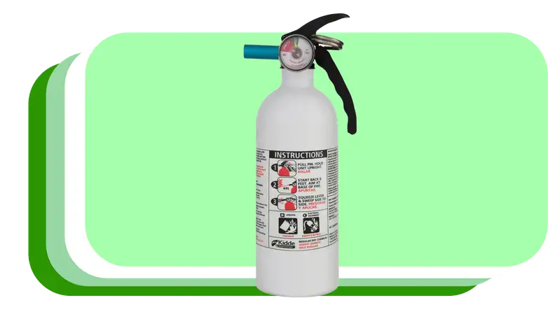 White fire extinguisher with black attached handle.
