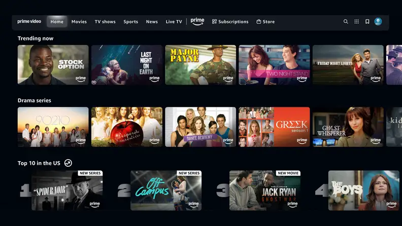 Prime Video home screen featuring rows of streaming content organized by category, including Trending Now, Drama Series, and Top 10 in the US.