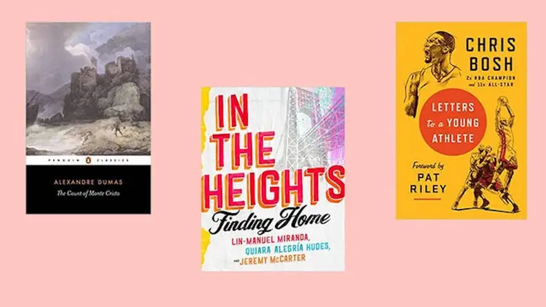 Pink graphic with images of book covers