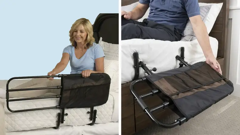 Two people in bed using hands to secure the Stander EZ Adjust Bed Rail for Seniors.