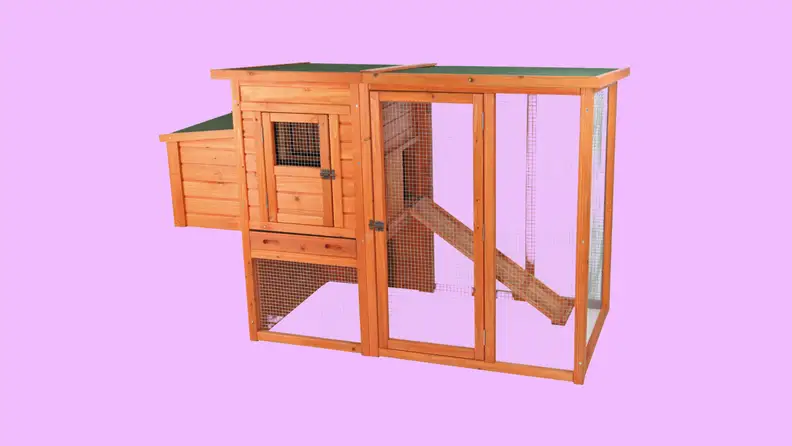 A chicken coop in front of a background.